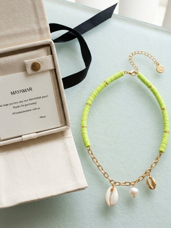 Mayamar Jewelry - MAYAMAR x Invicta Lime Green Heishi Charm Necklace Cowrie Shell Pearl